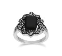 Arte Stile Déco Baguette Nero Onice E Marcasite Anello IN 925 Argento Sterling