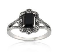 Arte Stile Déco Baguette Nero Spinello E Marcasite Anello IN 925 Argento