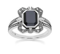 Arte Stile Déco Baguette Onice E Marcasite Anello IN Argento Sterling