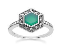 Arte Stile Déco Esagonale Calcedonio E Marcasite Anello IN Argento Sterling