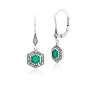 Arte Stile Déco Esagonale Calcedonio E Marcasite Goccia Orecchini IN Argento
