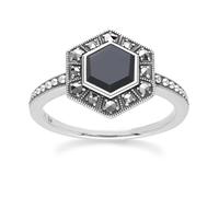 Arte Stile Déco Esagonale Onice E Marcasite Anello IN Argento Sterling