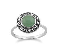 Arte Stile Déco Giada Verde Cabochon & Marcasite Halo Anello IN Argento Sterling