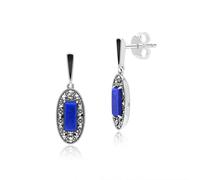 Arte Stile Déco Lapislazzuli, Marcasite E Smalto Goccia Orecchini IN Argento