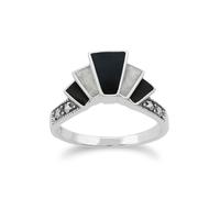 Arte Stile Déco Marcasite & Nero e Bianco Smalto Gradiente Fan Anello IN Argento