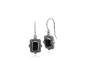 Arte Stile Déco Ottagono Nero Spinello E Marcasite Goccia Orecchini IN Argento