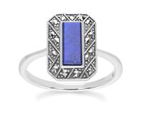 Arte Stile Déco Rettangolo Lapislazzuli E Marcasite Anello IN Argento Sterling