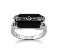 Arte Stile Déco Rettangolo Nero Onice E Marcasite Barretta Anello IN 925 Argento