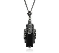 Arte Stile Déco Rettangolo Nero Onice E Marcasite Collana IN 925 Argento