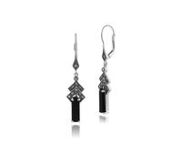 Arte Stile Déco Rettangolo Nero Onice E Marcasite Goccia Orecchini IN Argento