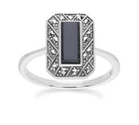 Arte Stile Déco Rettangolo Onice E Marcasite Anello IN Argento Sterling