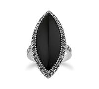 Arte Stile Déco Taglio Marquise Nero Onice E Marcasite Massiccio Anello IN
