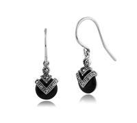 Arte Stile Déco Tondo Nero Onice E Marcasite Goccia Orecchini IN 925 Argento