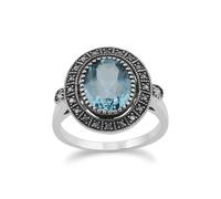 Arte Stile Déco Topazio Blu E Marcasite Massiccio Mix Anello IN Argento Sterling