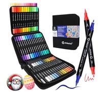 Artecho Pennarelli acrilici con custodia, 60 colori, con punta a pennello e punta fine per pietra, pittura su roccia, carta, zucca, legno, uovo, tela, ceramica, tessuto, pelle, vetro