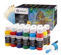 Artecho Set di 18 colori acrilici da 59 ml con 10 pennelli, vernice per modellismo, vernice impermeabile, forniture di base per legno, tessuto, artigianato, tela, pelle e pietra