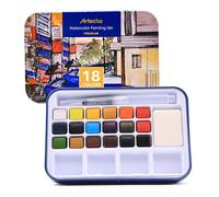 Artecho - Set per Pittura ad Acquerello con 18 Colori Vivaci, tra cui Penna ad Acqua, Spugna e Tabella dei Colori Vuota per Carta Acquerello, Custodia Leggera e Portatile