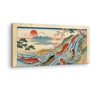Artenor Quadro Orientali Carpe Koi che Risalgono la Cascata sotto il Monte Fuji, 100 x 50 cm - Made in Italy, Quadri Moderni Soggiorno, Camera da Letto, Cucina, Poster da Parete, Decorazioni Casa