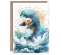 Artery8 1st Birthday Card Cute Whale Wave Jump Illustration Kids Age 1 Year Old Child for Son Daughter Girl Boy Happy Card