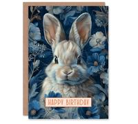 Artery8 Birthday Card Cute Bunny Rabbit Blue Flower Pattern for Her Gran Sister Niece Daughter Wife Woman Greeting Card