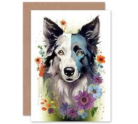 Artery8 Border Collie Dog Bawsant Face Wildflowers for Wife Her Mum Sister Daughter Mom Gran Nan Birthday Thank You Congratulations Blank Art Greeting Card