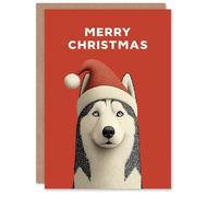 Artery8 Christmas Card Dog Lover Cute Siberian Husky Wearing Santa Hat