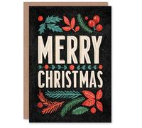 Artery8 Christmas Card Holly Pine Leaves Berries Retro Typography