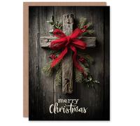 Artery8 Christmas Card Wooden Cross With Pine Holly and Red Bow