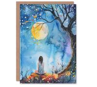 Artery8 Full Moon Gazing Autumn Night Watercolour Greeting Birthday Card Him Her all Blank