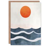 Artery8 Greeting Card Minimalist Large Sunset Sun Over Ocean Waves Blank For Him Or Her Art Birthday Card