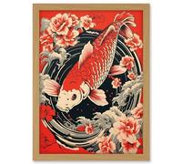 Artery8 Koi Fish Carp Japanese Whirlpool Red Black Floral Illustration Artwork Coy Artwork Framed A3 Wall Art Print