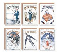 Artery8 La Vie Parisienne - Biglietti di auguri con buste, motivo: donna francese, uccello, farfalla, pesca, confezione da 6