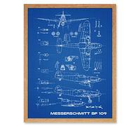 Artery8 Messerschmitt Bf 109 Fighter Plane 2 Blueprint Plan Art Print Framed Poster Wall Decor 12x16 inch Combattente Aereo Blu Manifesto Parete