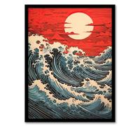 Artery8 Red Sunset Clouds and Storm Great Wave off Kanagawa Art Print Framed Poster Wall Decor 12x16 inch