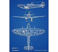 Artery8 Supermarine Spitfire 5b Fighter Plane Blueprint Plan Unframed Wall Art Print Poster Home Decor Premium Combattente Aereo Blu Parete Manifesto Casa