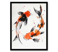 Artery8 Two Japanese Koi Carp Fish Bright Watercolour Living Room Artwork Framed Wall Art Print A4