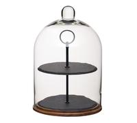 Artesà Alzata da Portata a 2 Livelli/Cupola per Torte, Campana in Vetro Copertura/Conservazione Alimenti con Piatti in Ardesia a Livelli e Base in Legno, 22 x 31cm, Nero/Vetro Trasparente/Legno
