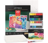 ARTEZA Kit Pittura Acquerelli (12 Mezze Vaschette) e Blocco di Tele per Dipingere Componibili Fai-da-Te Bianche, Kit Disegno e Art Supplies per Adulti