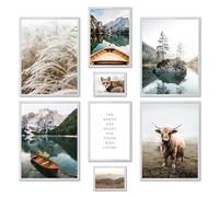 ARTFAVES® Set di poster - BELLA TERRA - decorazione da parete in più parti Soggiorno e camera da letto - 8 quadri da parete moderni montagne, lago, dolomiti, boho, erba di pampa - cornici bianco