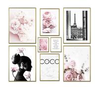 ARTFAVES® Set di poster - COCO - decorazione da parete in più parti Soggiorno e camera da letto - 8 quadri da parete moderni Rosa, moda, glamour, stile di vita, fiori, profumo, ragazza - cornici oro