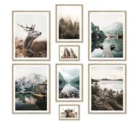 ARTFAVES® Set di poster - FIUME MISTÌ - decorazione da parete in più parti Soggiorno e camera da letto - 8 quadri da parete moderni Lago di Braies, azzurro, montagne, cervi, Dolomiti - cornici rovere