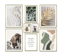 ARTFAVES® Set di poster - NATURA ASTRATTA - decorazione da parete in più parti Soggiorno e camera da letto - 8 quadri da parete moderni Astratto, verde, leone, beige, oro, natura - cornici oro