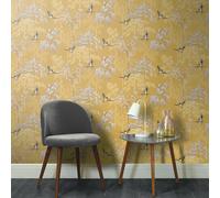 Arthouse Giapponese Giardino Carta da Parati Orientale Alberi Uccelli - Navy