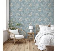 Arthouse Giapponese Giardino Carta da Parati Orientale Alberi Uccelli - Navy