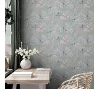 Arthouse Giapponese Giardino Carta da Parati Orientale Alberi Uccelli - Navy