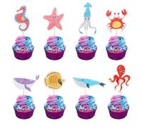 Arthsdite 24 decorazioni per cupcake a tema oceano sotto il mare, polipo, delfino, stella marina, stecchini per cupcake, decorazioni per torte a tema cavalluccio marino per feste di compleanno