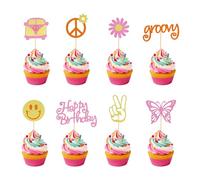 Arthsdite 24 decorazioni per cupcake con scritta "Happy Birthday", glitterate, stile retrò, bohémien, Dasiy, fiori, sole, pace, mano, due stuzzicadenti per cupcake a tema hippie retrò, decorazioni per