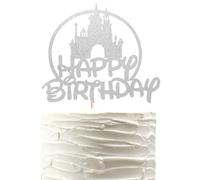 Arthsdite Topper per torta di compleanno con castello, decorazione per feste di compleanno a tema castello, principessa principe, decorazione per torta di buon compleanno, argento glitterato