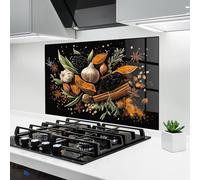 ARTHUB® Paraschizzi Cucina in Vetro temperato 60x80 cm, Garlic And Spices | Protezione Contro Gli Schizzi, Protezione murale per fornelli, Vetro temperato, Alimenti, Spezie