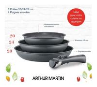 ARTHUR MARTIN AM521GM BATTERIA DELLA CUSCINE SET con 3 stufe - Matt Grey 20-24-28 cm + 1 manico rimovibile - Tutte le luci inclusa linduzione